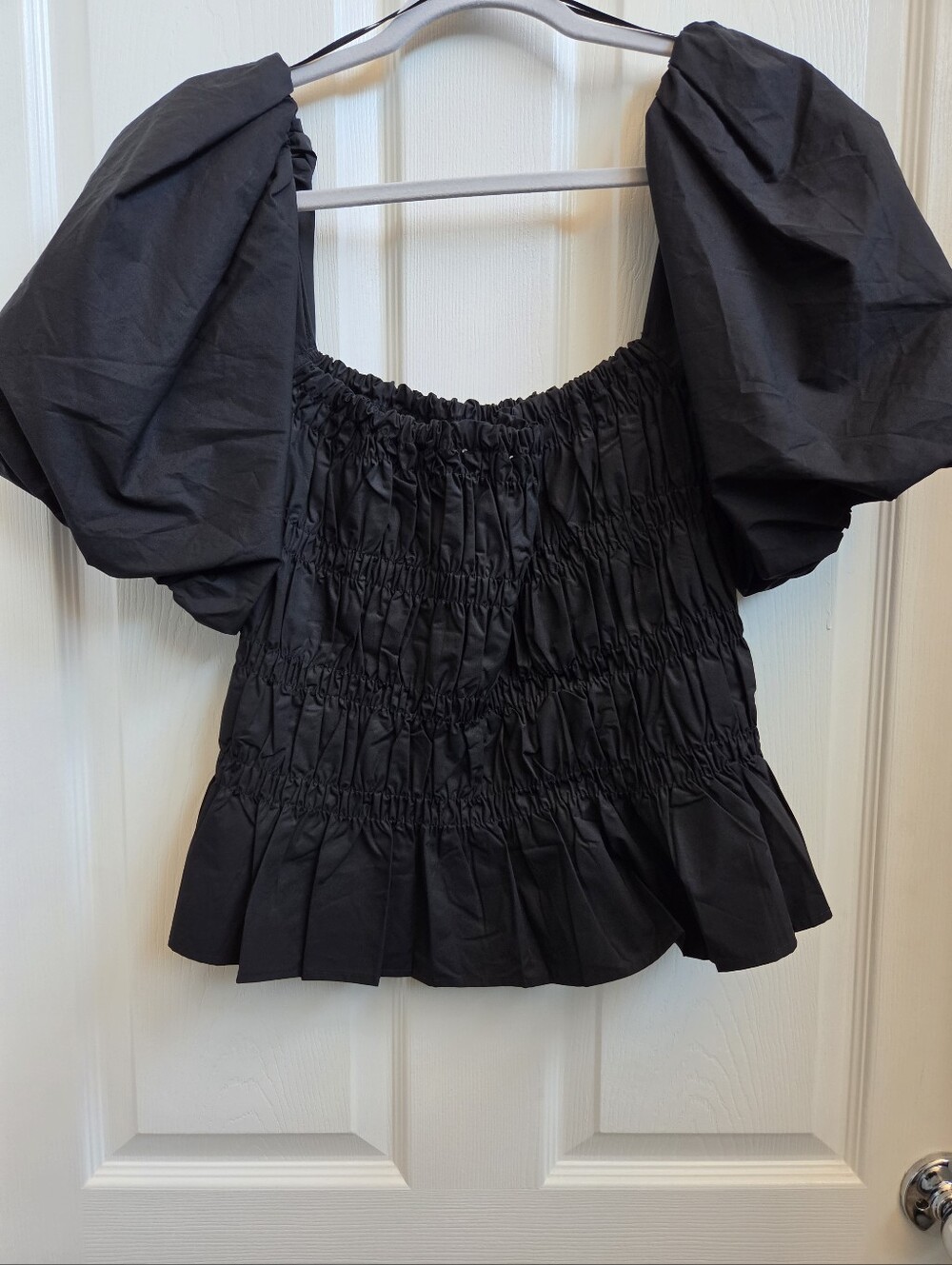 NWOT-Astr Black Smocked Peplum Blouse with Puff Sleeves
